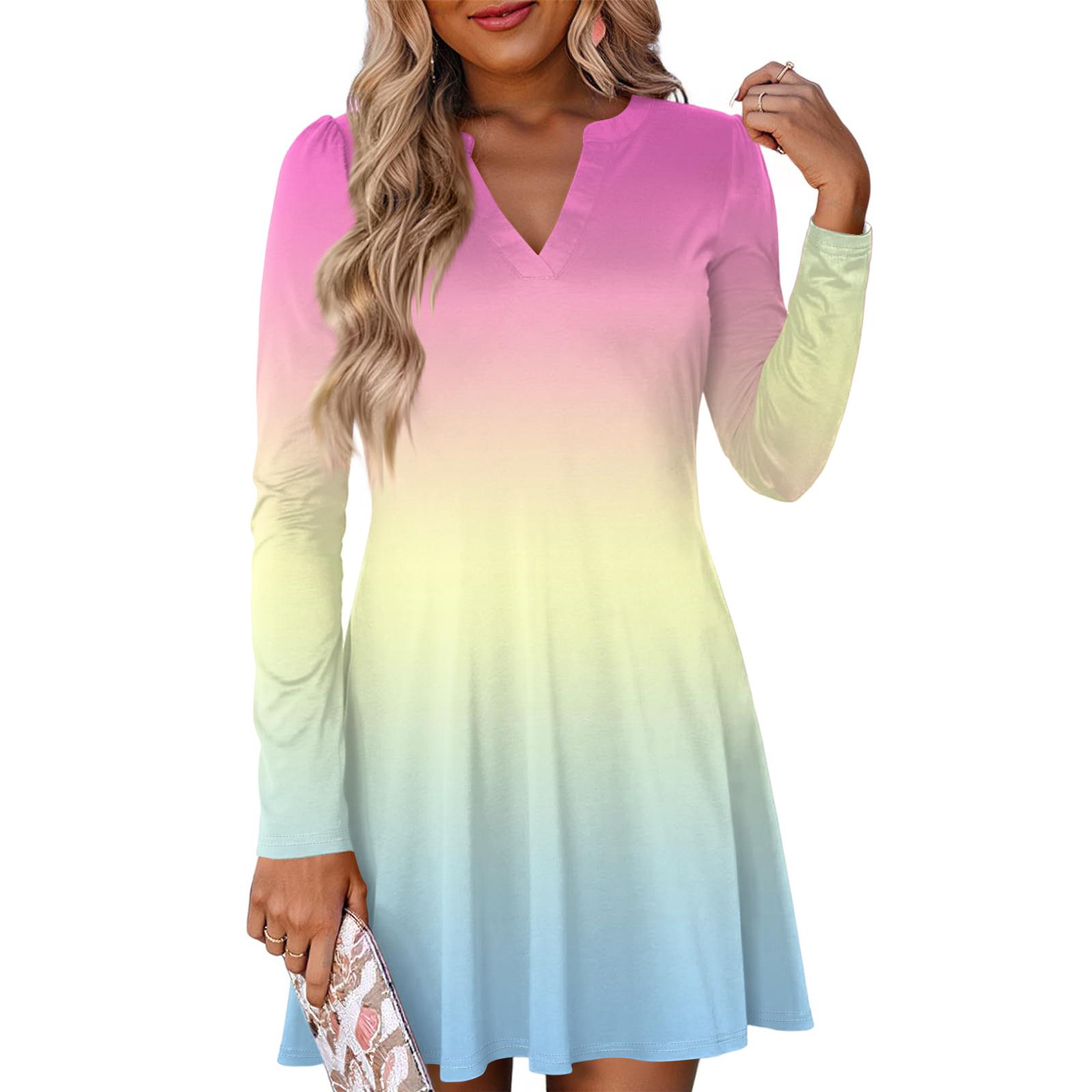 

Женское модное платье с градиентным V-образным вырезом и длинными рукавами XL розовый