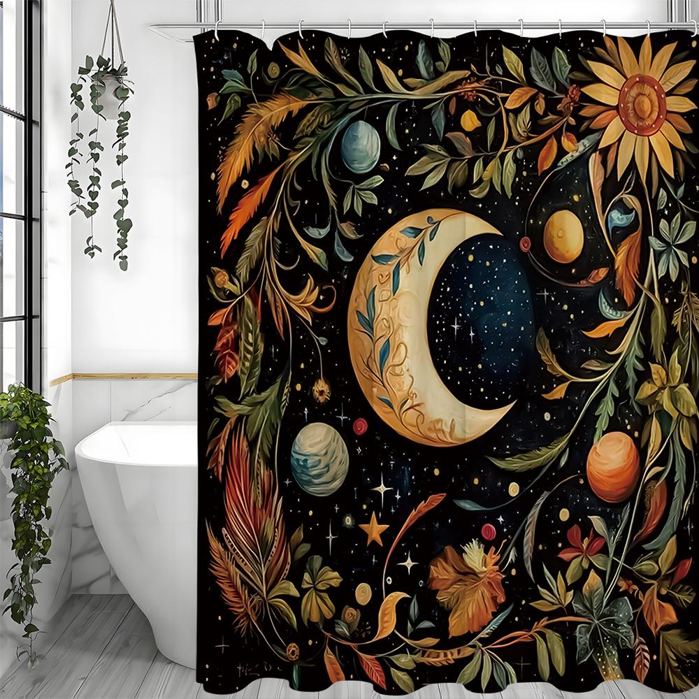 Moon Planet Floral Star Shower Curtain, Bathroom Decorative Shower Curtain, Waterproof Shower Curtain with Hooks