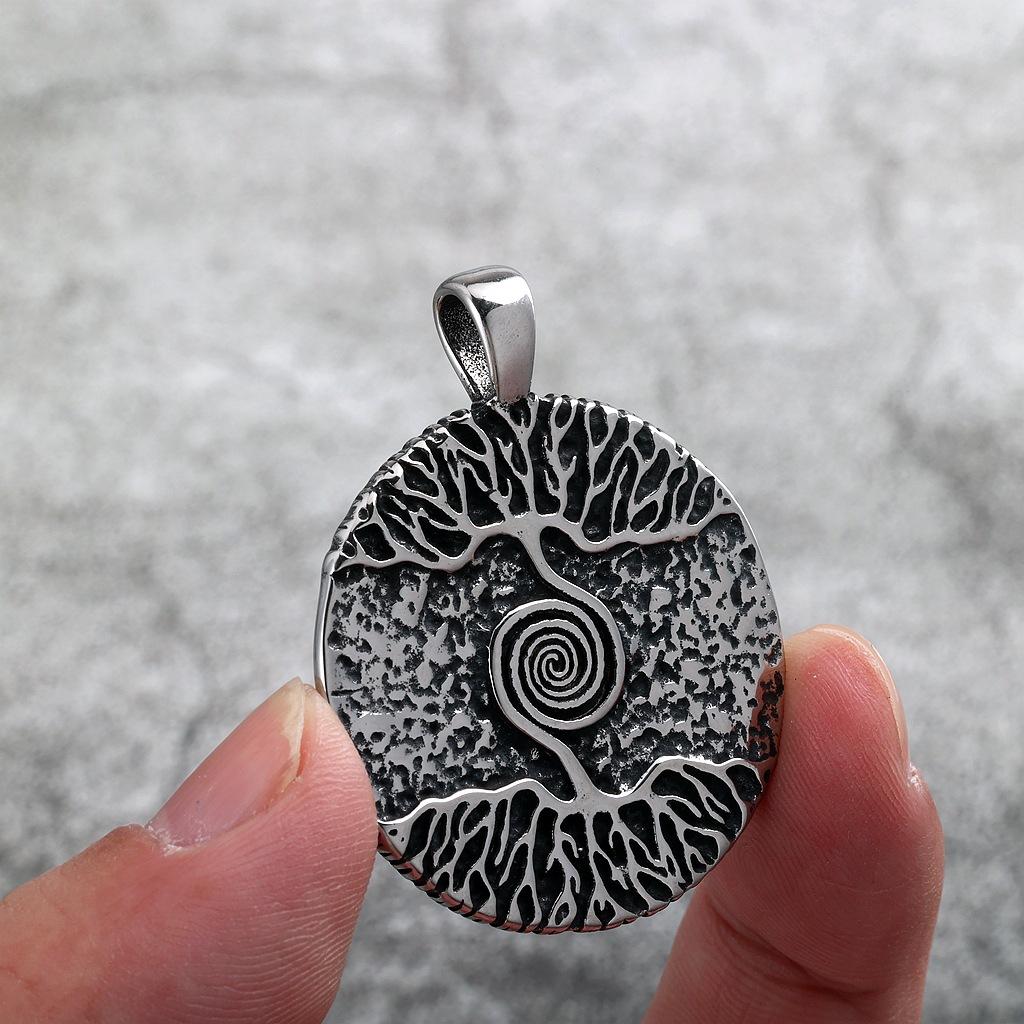 Vintage Stainless Steel Men's Necklace Double Sided Viking Tree Of Life Pendant