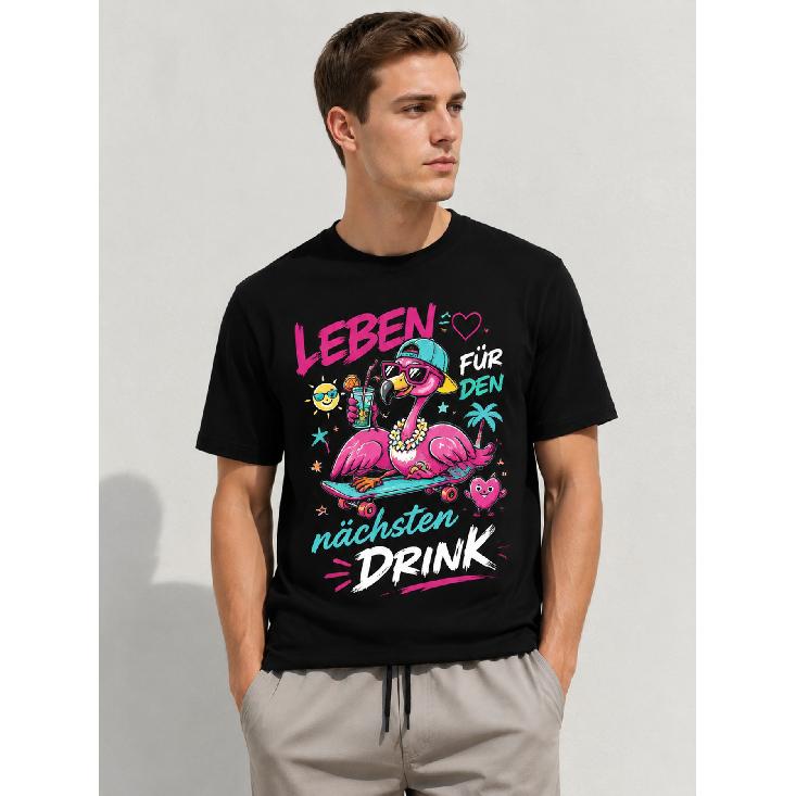 Men s Black Short Sleeve Crew Neck T-Shirt with Vibrant Flamingo Skateboard Graphic Print, Soft Cotton Feel for Casual Summer Wear S