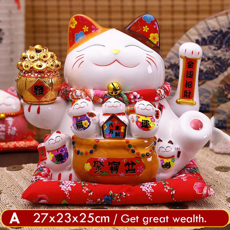 10.2 Inch Large Lucky Cat Statue Maneki Neko Ornament Ceramic Beckoning Cat with Movable Arm Porcelain Fortune Cat Figurine