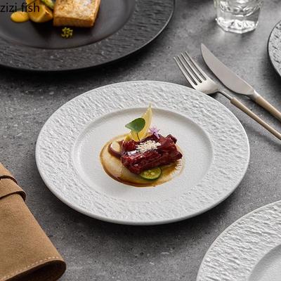 Keramikteller mit breitem Rand und Steinmuster, einfarbig, Steakteller, Frühstücksteller, Dessertteller, Kuchenteller, Geschirr für die Molekularküche