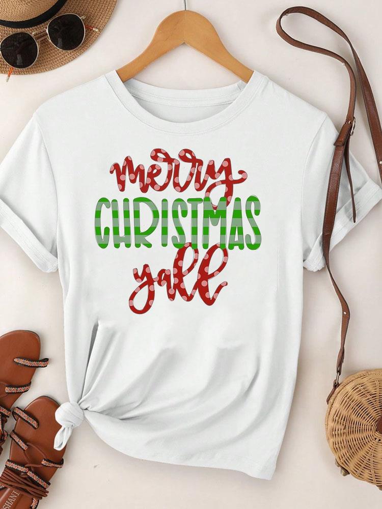 (Asian Size)  Merry Christmas Tee Top Festival New Year Holiday Casual Lovely Letter Cute 90s Women Print Lady Short Sleeve Fashion Graphic T-shirts