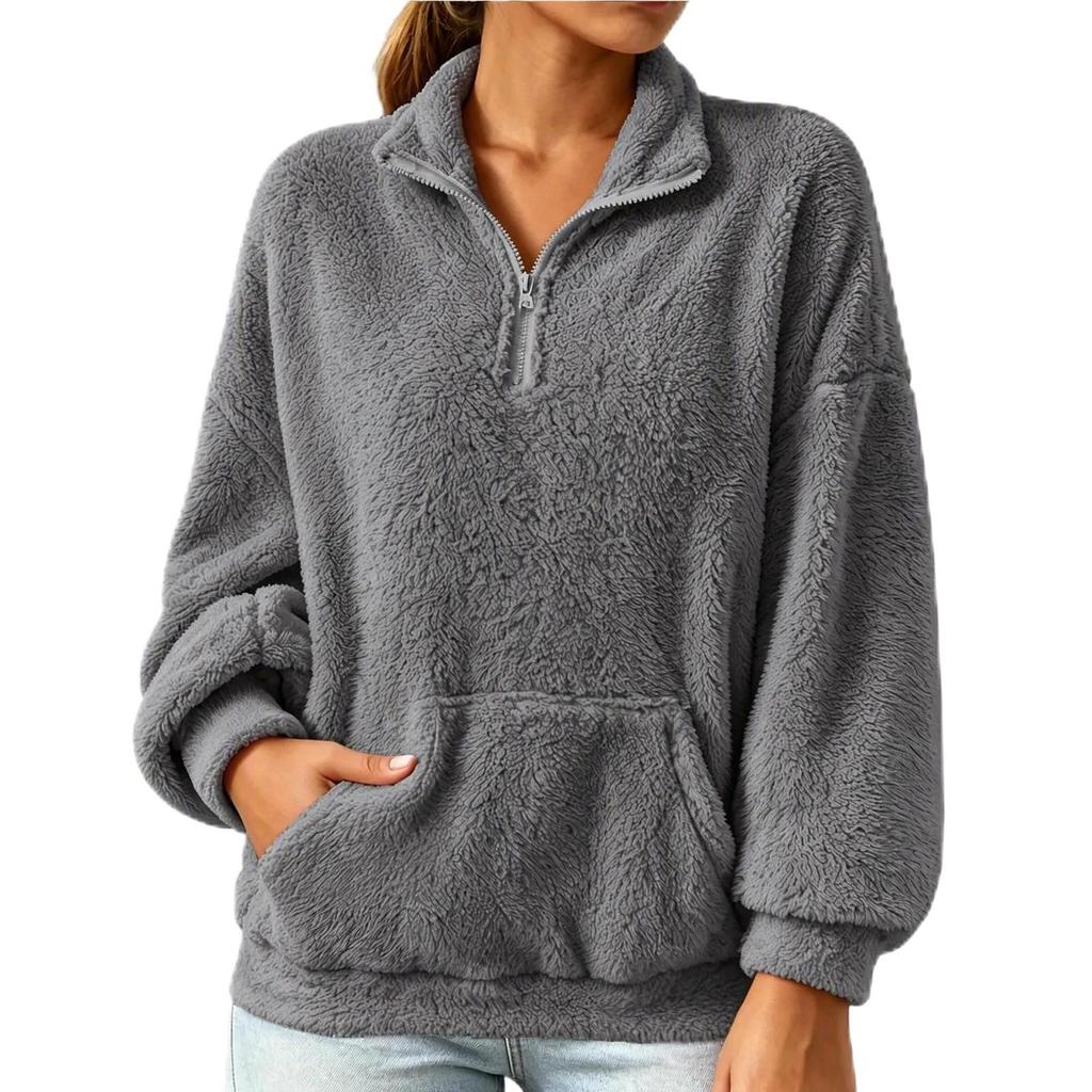 Women's Turtleneck Zip-Neck Long Sleeve Loose Fit Casual Pullover Top