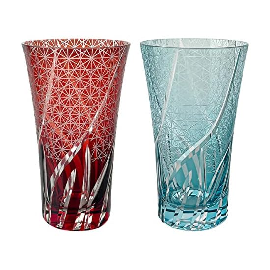 Takumibifu Dinner Luxe Kiriko Pair Glass Cup Long 8.6×14.8cm 400cc Ranbori Komon Sky Blue & Red Kog
