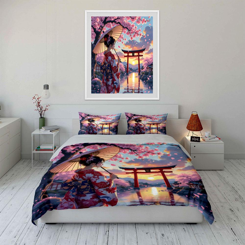 Cherry Blossom Geisha Design Bedding Duvet Cover Set (1*Duvet Cover 2*Pillowcases, without duvet insert)