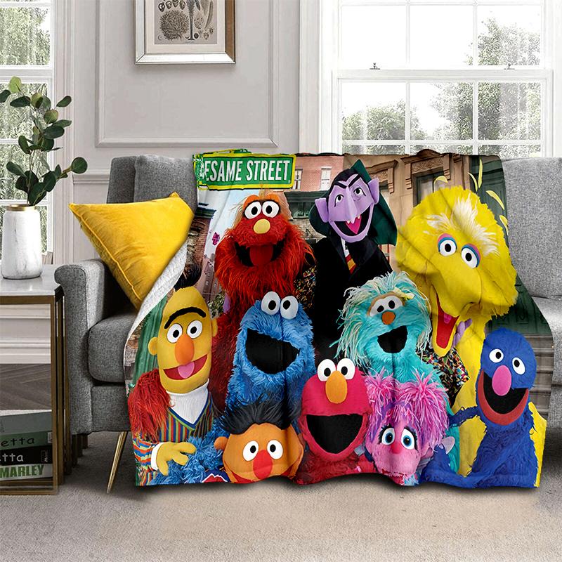 S-Sesame Street TV Cute Cartoon Flannel Blanket Soft Warm Throw Blanket for Bedroom Living Room Bed Travel Camping Picnic Gift