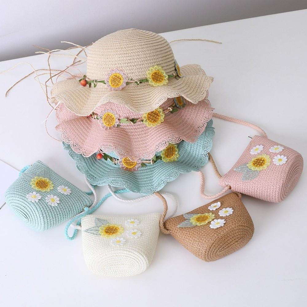 Small Daisy Children Beach Straw Hat Wide Brim Fisherman Hat Outdoor Straw Bag Cap Set  Summer