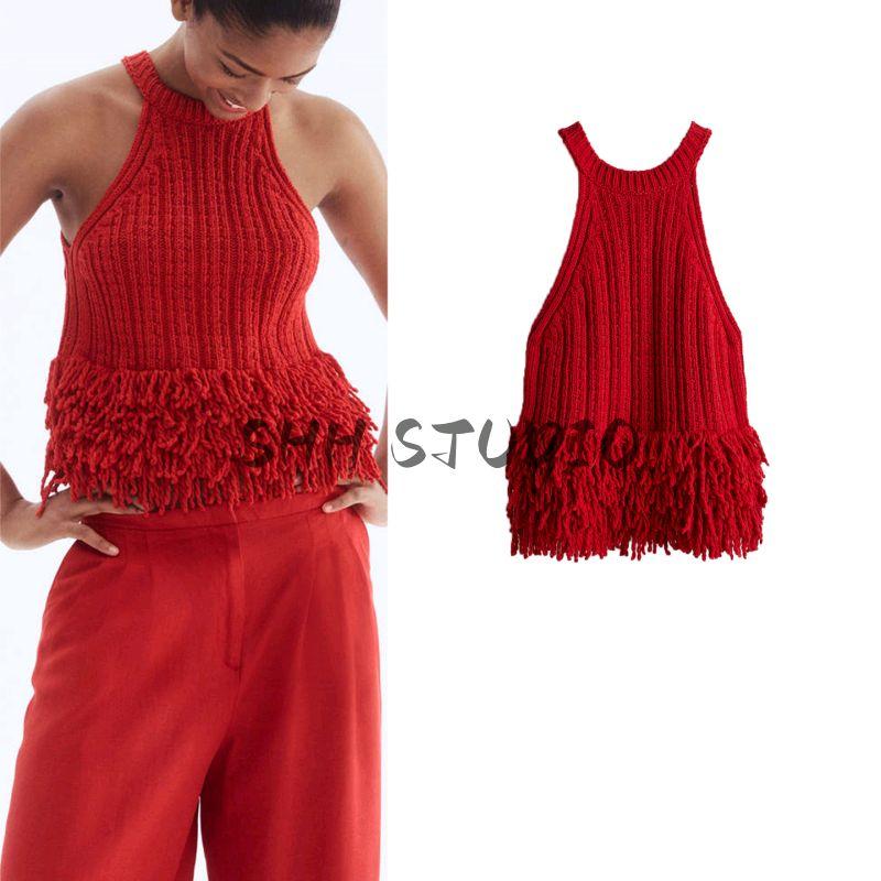 New Fall Women's Clothing French Minimalist Rib Neckline Sleeveless Fringe Knitting Tops 1307169