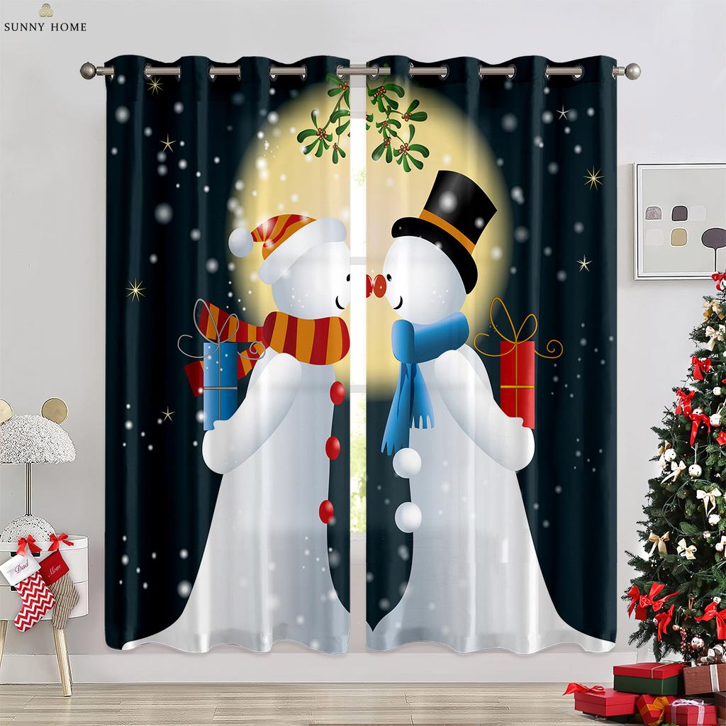 Cute Cartoon Snowman Christmas Decoration Curtains Bedroom Restaurant New Year Holiday Party Decoration Curtains 2 Pieces