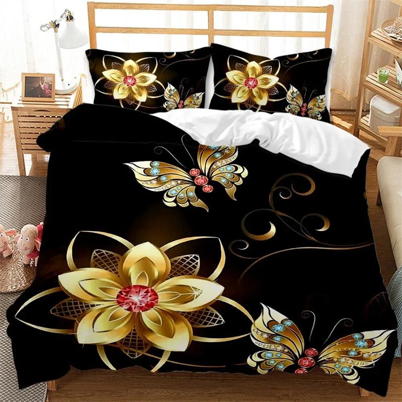 Golden Butterfly Bedding Set,Duvet Cover Comforter Bed Set Quilt Cover Pillowcase,King Queen Twin Size Boys Girls Adults