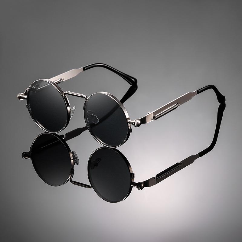 Retro Round Steampunk Sunglasses with Metal Spring Temples for Men