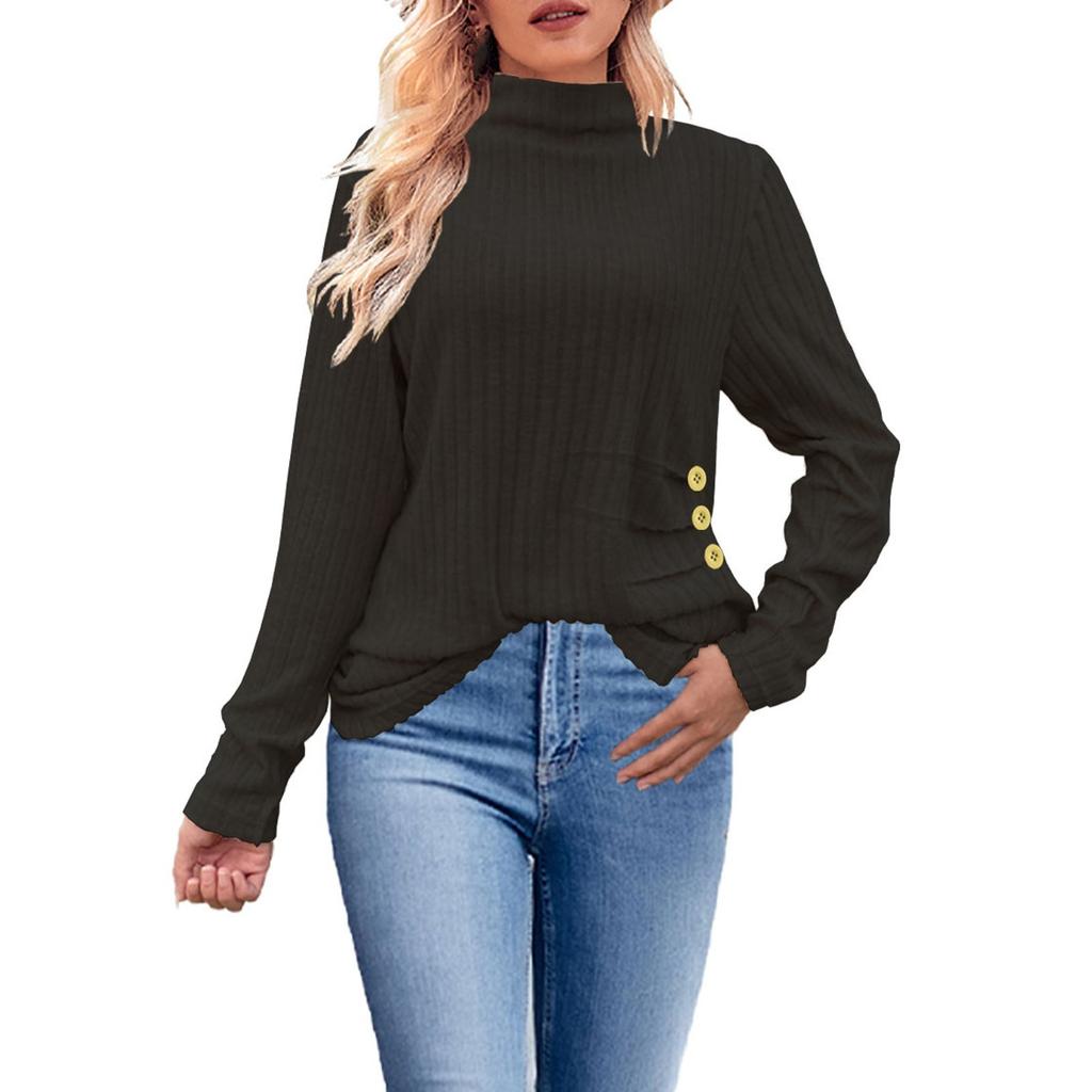 Women's Fashion Loose High Neck Side Pleated Button Long Sleeve T-Shirt Knit Top