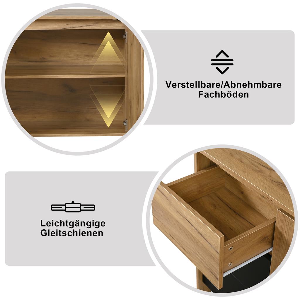 Sideboard, Kitchen Cabinet, Dresser with 3 Drawers and 2 Doors, Multicolor LED Lighting Effects, W:120 x H:76 x D:40 cm, Wood Color&Black