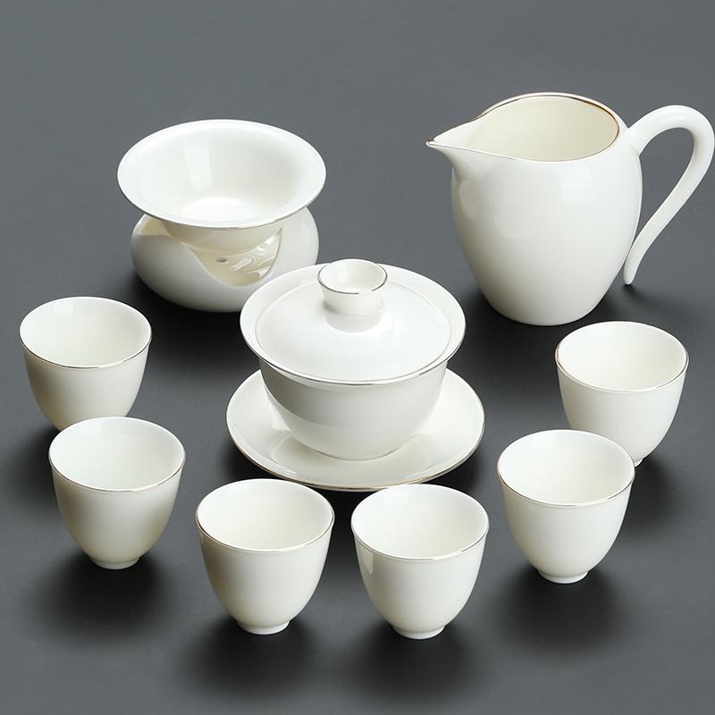 Goat Jade White Porcelain Kung Fu Tea Set Home Brewing Teapot Covered Bowl Chinese Light Luxury Brewing Tea Cup Office Guests