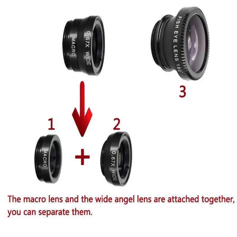 3 v 1 objektiv pro rybí telefon, generický fotoaparát pro chytré telefony, širokoúhlý objektiv s rybím okem a klip, makro fotoaparáty