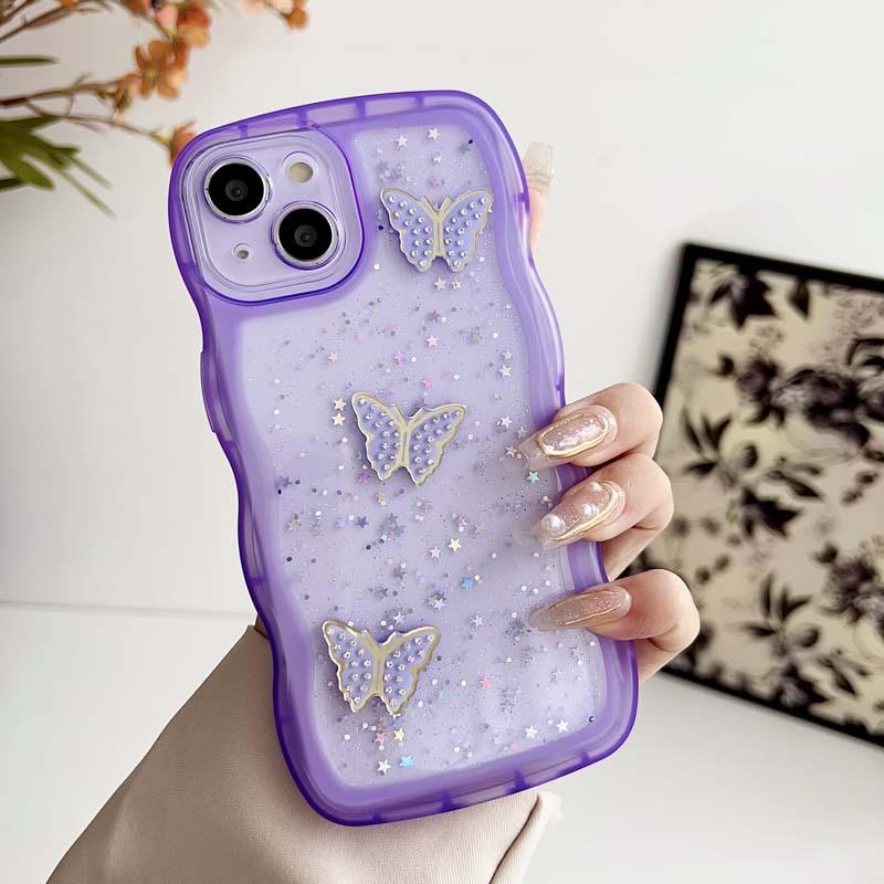 Applicable To Apple 17 Mobile Phone Case, Epoxy Glitter 16 Wavy Butterfly iPhone15 Anti-drop 14 Transparent Protective Case