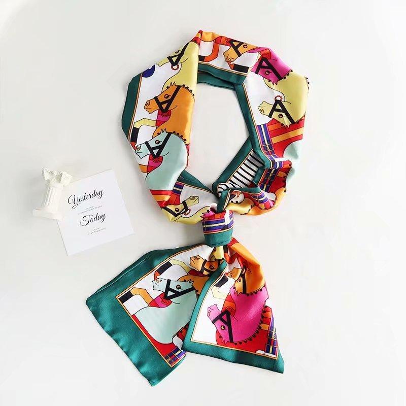 Luxury Silk Long Scarf Women Bag Handle Ribbon Ladies Plaid Print Headband Small Hair Scarves Band Female Handkerchief
