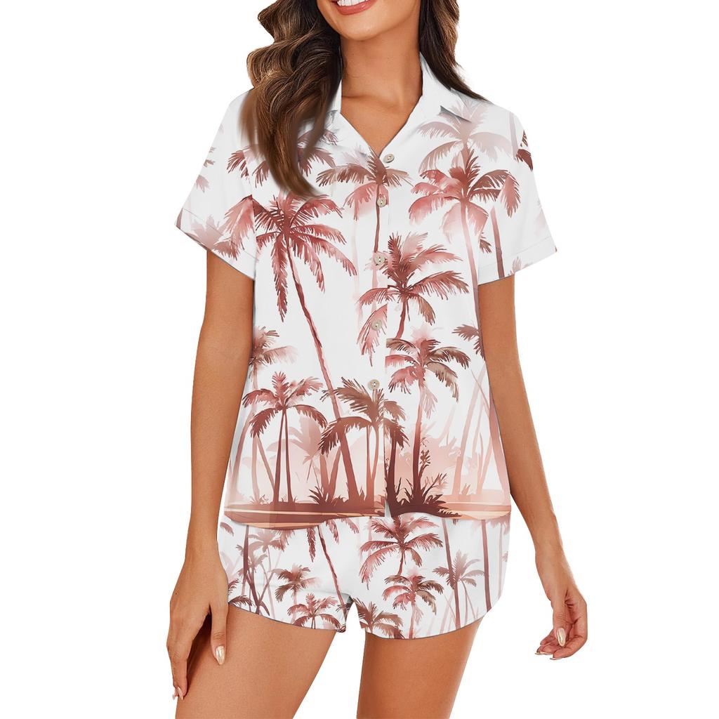 Women's Ice Silk Pajamas Button Homewear Hawaiian Print Short Sleeve Satin Pajama Set