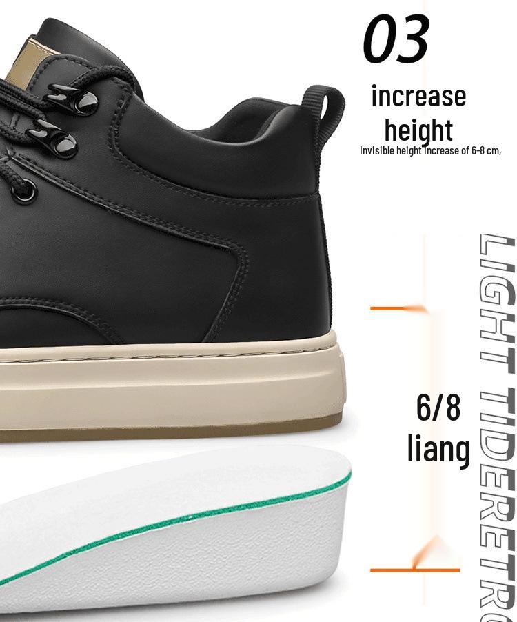 Men's Autumn Invisible Height-Boost 8cm Breathable Cowhide 6-Hole Mid-Top Shoes, British Style Sports Casual Board Sneakers