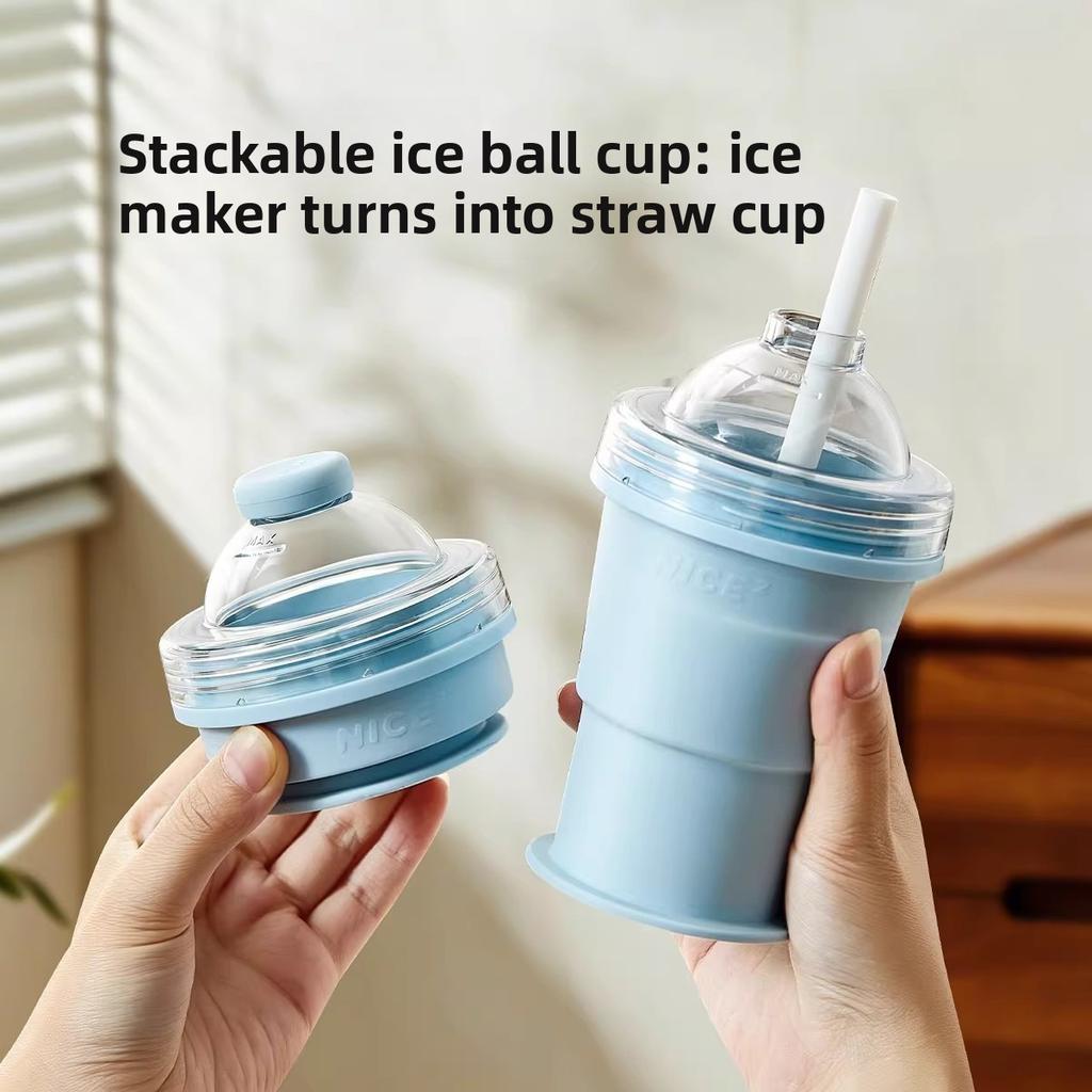 Summer Foldable Ice Ball Cup Silicone Water Bottle and Ice Mold 2in1 Ice Making Cup for Coffee Juice Drinks with Straw Lid