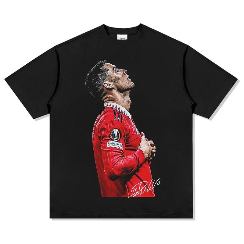 Cristiano Ronaldo Manchester United Ikonische Jubel-Pose Vintage-Porträt Übergroßes T-Shirt, Fußballlegende Grafik-T-Shirt, Unisex Freizeit-Oberteil