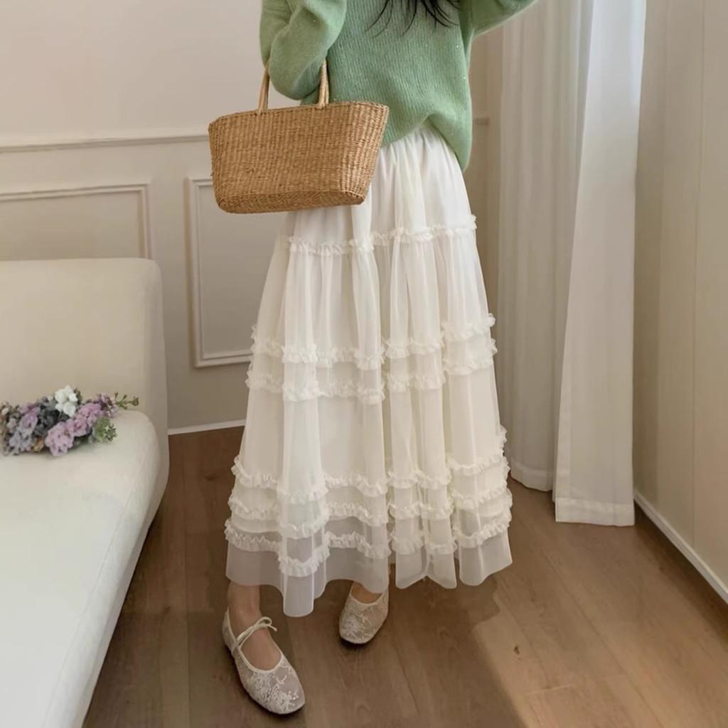 

Qooth Lace Edge Fluffy Layered Tulle Skirt Ankle-length with A Full Flared Silhouette QT2862 абрикосовий