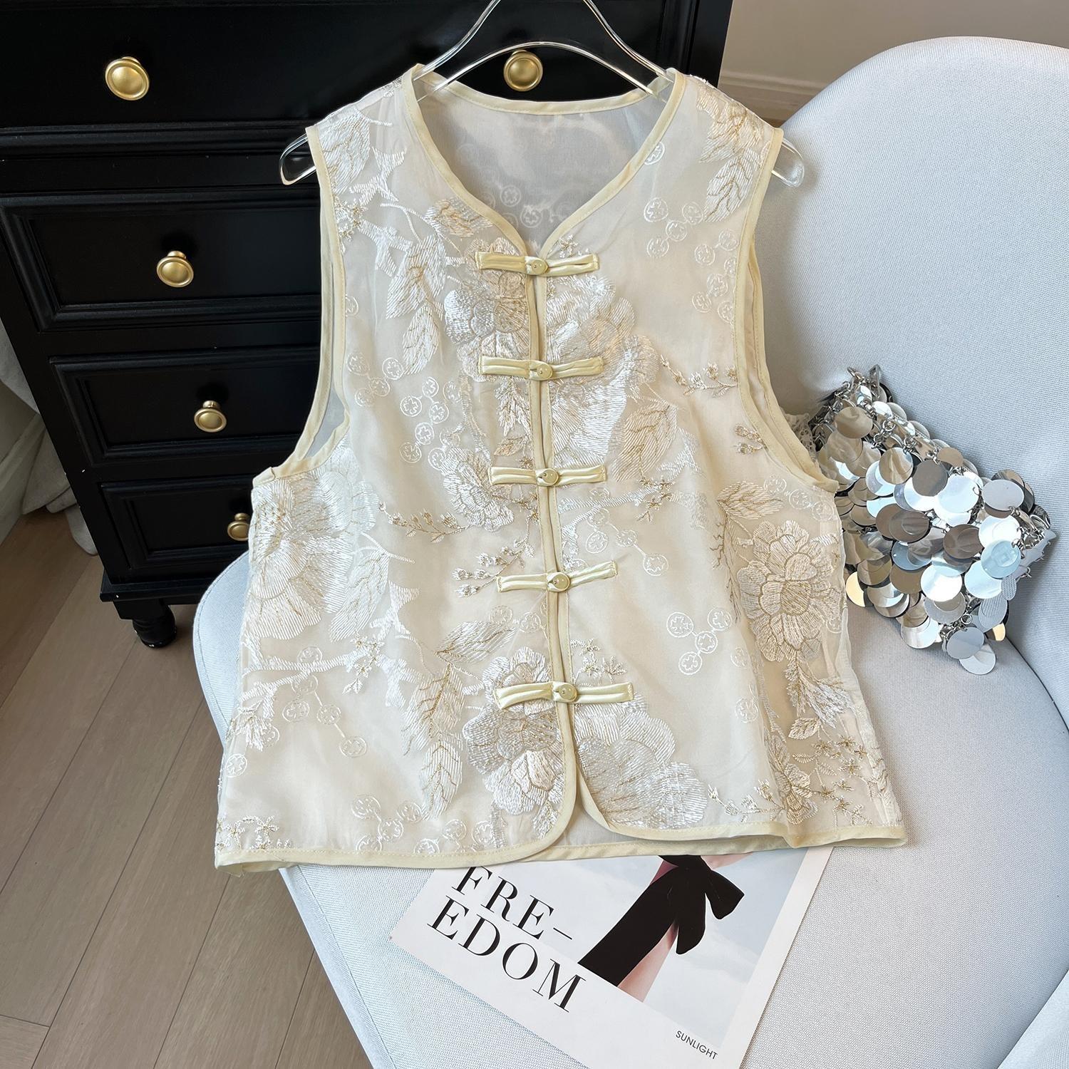 

6610 Весенне-летний желтый жилет с богатой вышивкой и застежкой-диском, многослойный жилет, женский микропрозрачный 3XL ([Recommended 138-75kg])