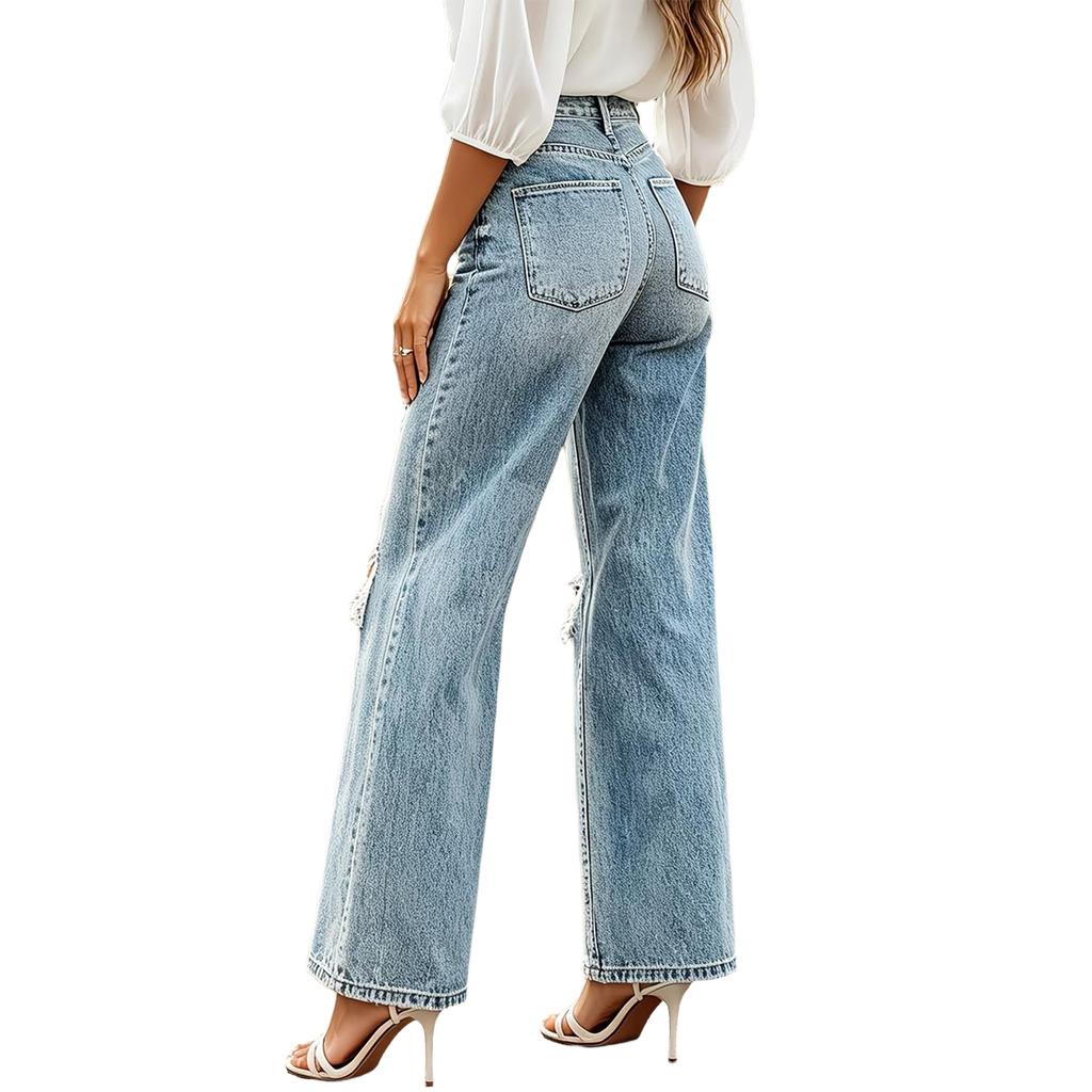 Women's Casual Ripped Wide Leg Jeans
