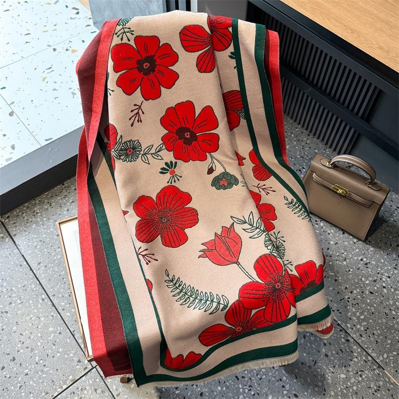 Scarf women's autumn and winter new flowers thickened warm scarf cashmere large shawl dual-purpose versatile