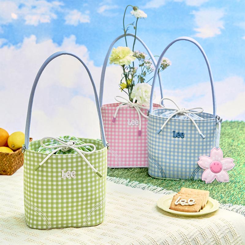 New Lee Fabric Bucket Bag, Handbag, Shoulder Bag Women's Pink Plaid LE250101M-102