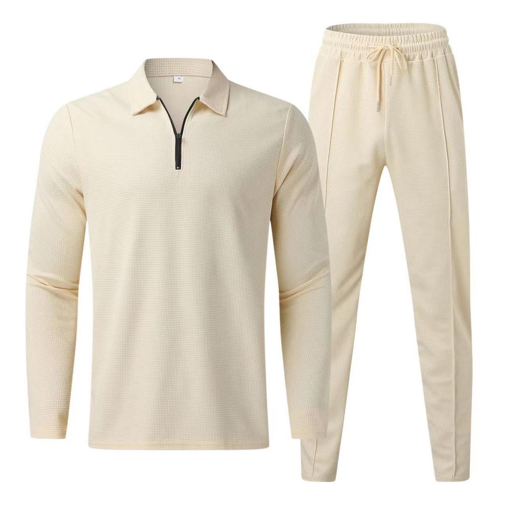 Half Zip Waffle Lapel Polo Shirt Men's Long Sleeve Casual Bottoming T-shirt Plus Size