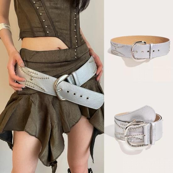 Imitation Leather Women Belt Wide Edge Design Adjustable Length Belt Punk Style Distressed Waistband