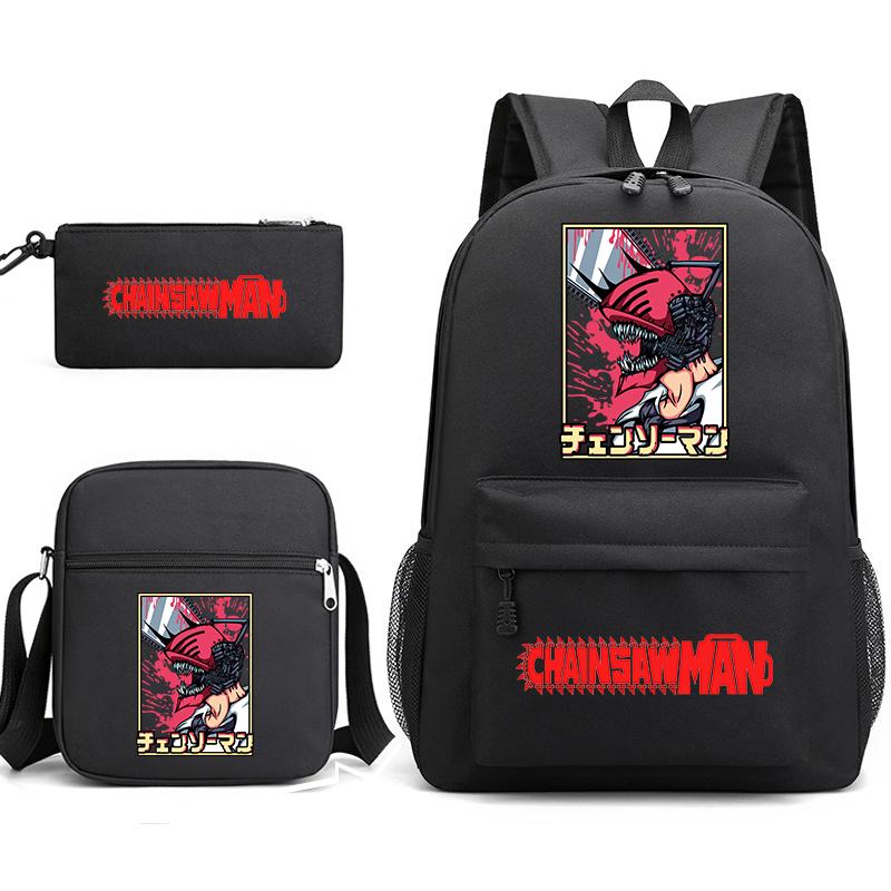 Chainsaw Man Print Student Backpack Set with Crossbody Bag and Pencil Pouch for Boys Girls Daily Use