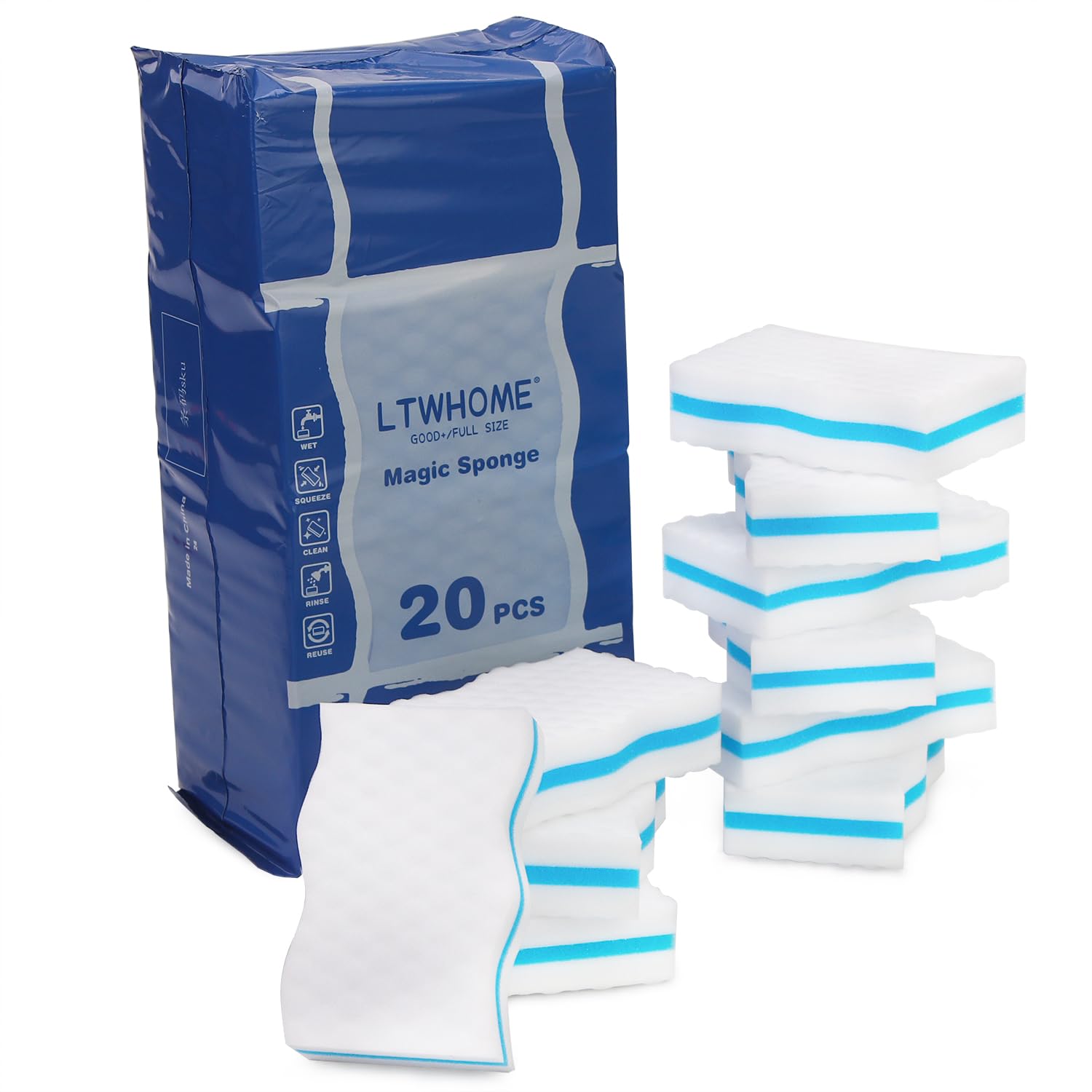 

LTWHOME Меламиновая губка для коммерческого использования, упаковка 20 штук, для чистки, сжатая, 10x6x2.5см, синий