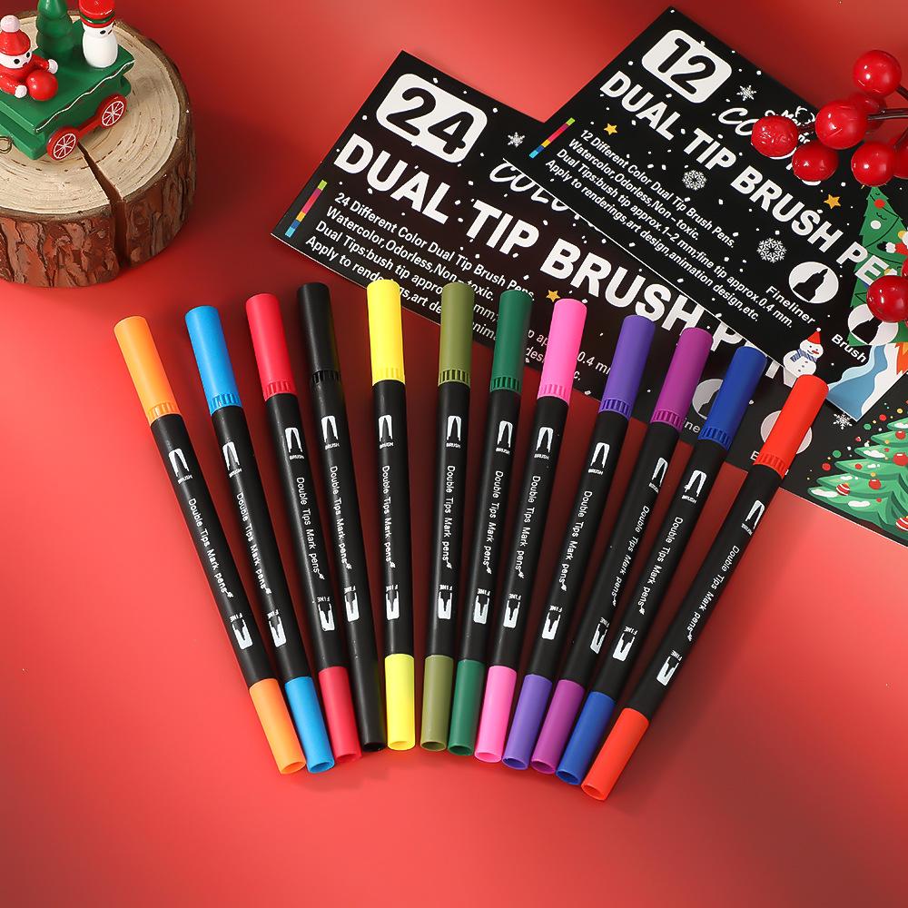 Christmas Edition Double-Ended Watercolor Marker Pen Set, Black Barrel, 12 or 24 Washable Soft Tip Colored Pens