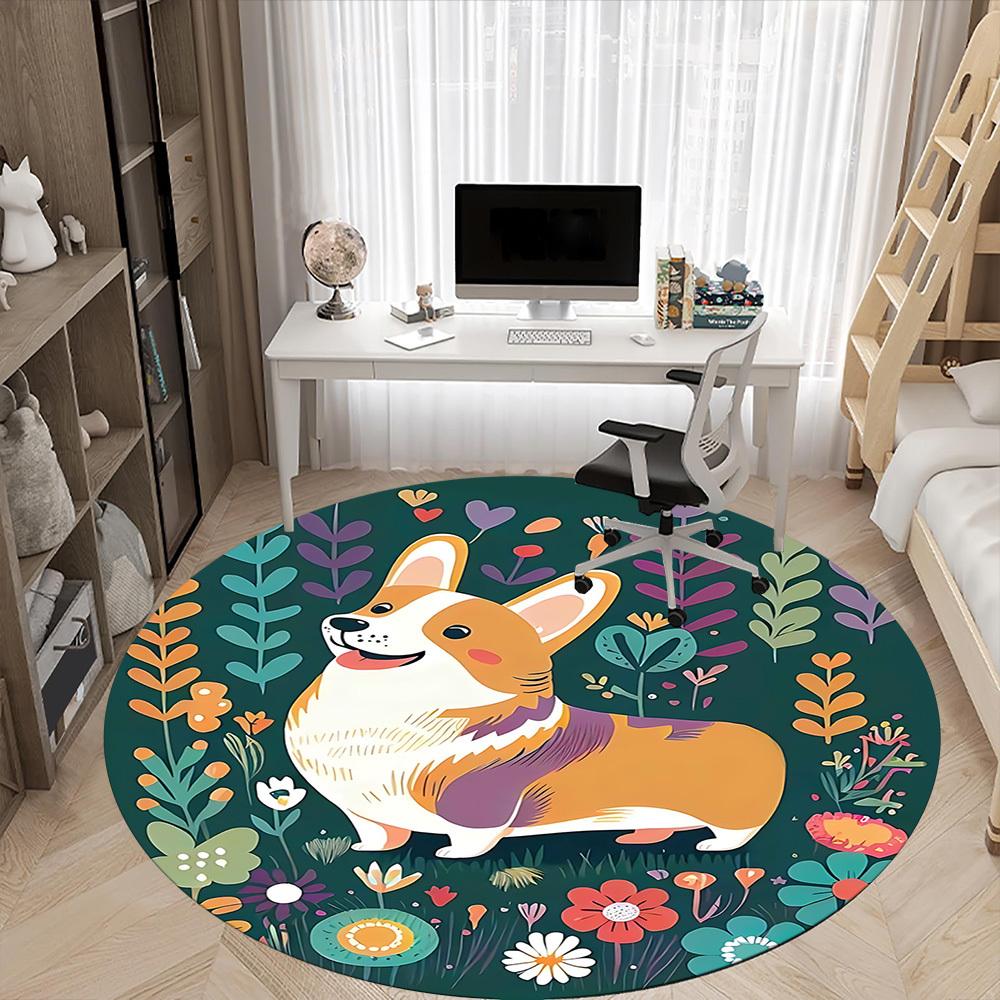 1pc Floral Corgi Office Round Area Rug, Under Office Chairs Bedroom Living Room Home Decor, Room Deco