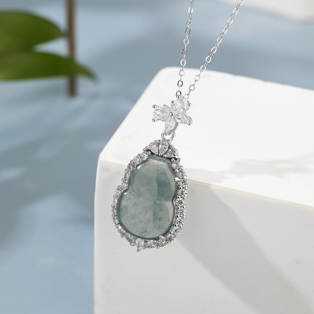 Natural A Jadeite Gourd Necklace Women's Sky Blue Seed Water 925 Silver Pendant Wind Collarbone Chain Summer