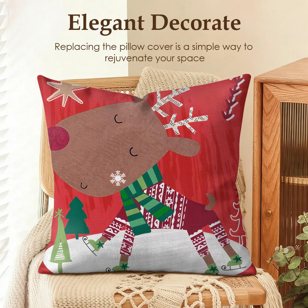 Cute Christmas Reindeer Cushion Cover Natural Linen Organic Fabric Double-Sided Printing Sofa Home Decor Gift Pillow Case