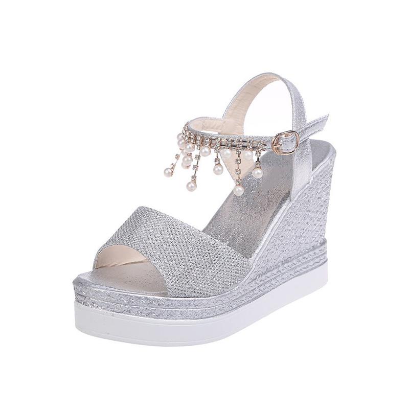 Newest Women Wedge Sandals Summer Bead Studded Detail Platform Sandals Buckle Strap Peep Toe Thick Bottom Casual Shoes Ladies Uo98