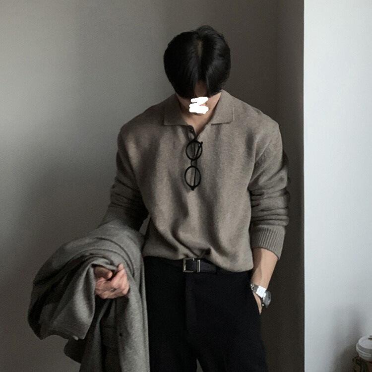 

New Men s Trendy Korean Polo Collar Loose Knit Sweater Medium кавовий