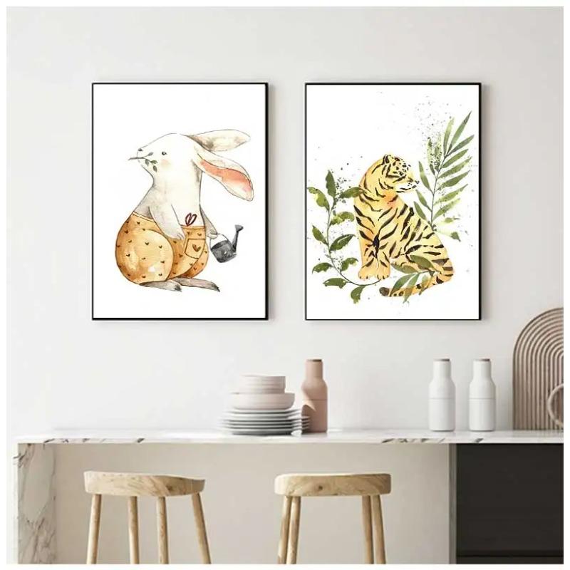 Cartoon Cute Animal Bear Lion Tiger Panda Rabbit Jungle Art Poster Canvas Painting Wall Print Picture for Living Room Home Decor
