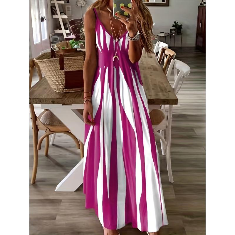 Women's Fashion Summer Spring Colour Block Print Sleeveless V-Neck Loose Waistline Casual Dresses