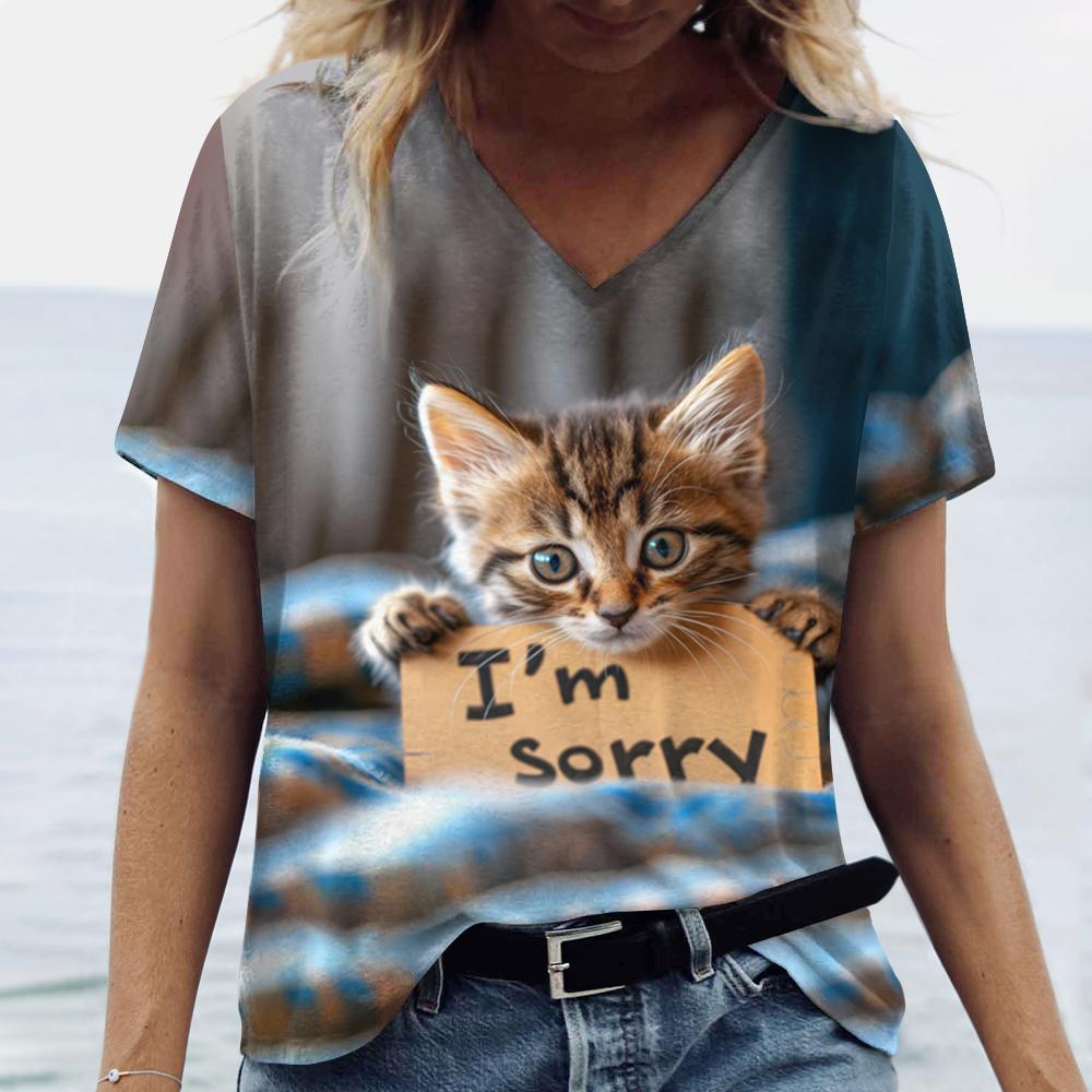 Summer Funny Cat Sorry 3D Print T-shirt Women Streetwear Casual T Shirts Y2k Tops Woman Harajuku V-Neck Tees Oversized Clothing