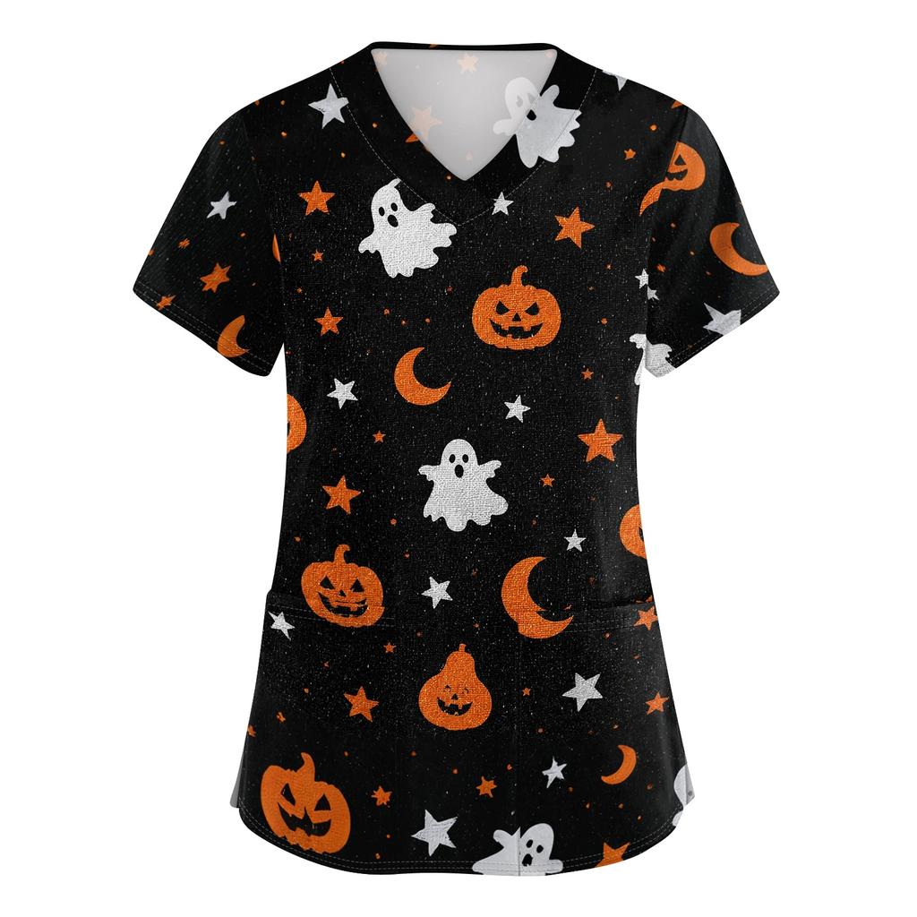 Women V Neck Halloween Print Short Sleeve Medical Scrub Top with Pocket Side Slit Design Comfortable Fit Workwear