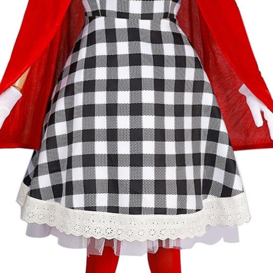Weihnachtskostüm für Frauen Mädchen Kariertes Kleid mit rotem Samtumhang Strümpfe Handschuhe Set Weihnachtself Cosplay Outfit