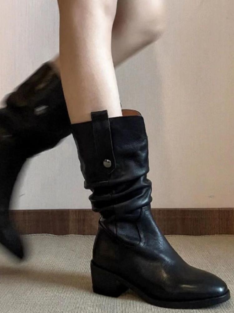 Fashion Autumn Winter Fleece-Lined Leather Half High Boots for Women Elegant Heeled Round Toe Mid Calf Shoes Woman 2025 Novelty Footwear