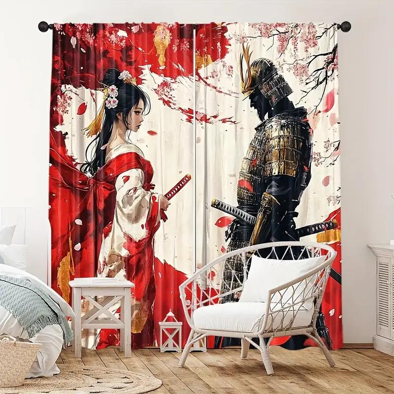 2pcs Japanese Samurai Geisha Printed Curtains, Designed for Light Filtering, Quality Material, Ideal for Japanese-Style Home Win
