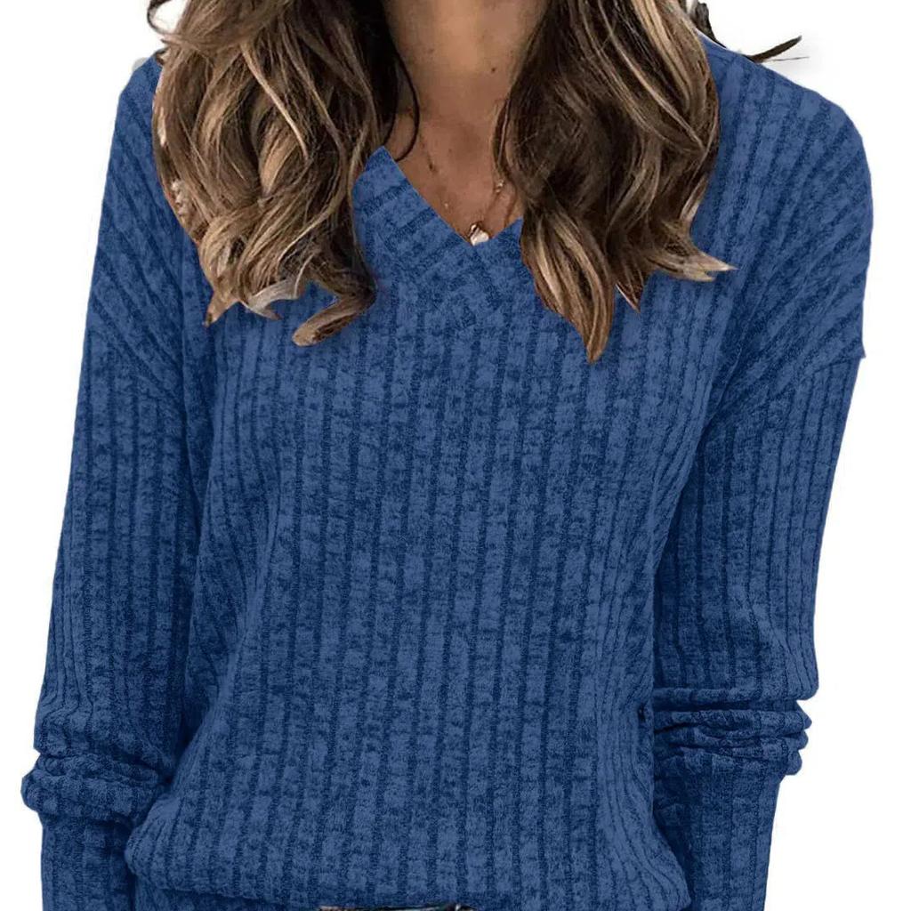Women's V-Neck Long Sleeve Shirts, Casual Fall Tops Lightweight Tunic Sweaters, Ribbed Brushed Knit T-Shirt Top, Perfect for Everyday Wear or Layering