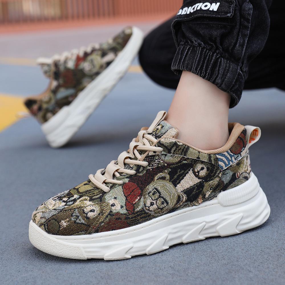 Platform Men's Shoes Dad Shoes 2025 New Spring and Autumn Trend Fly-woven Flower Cloth Breathable Casual Painted Sports Shoes